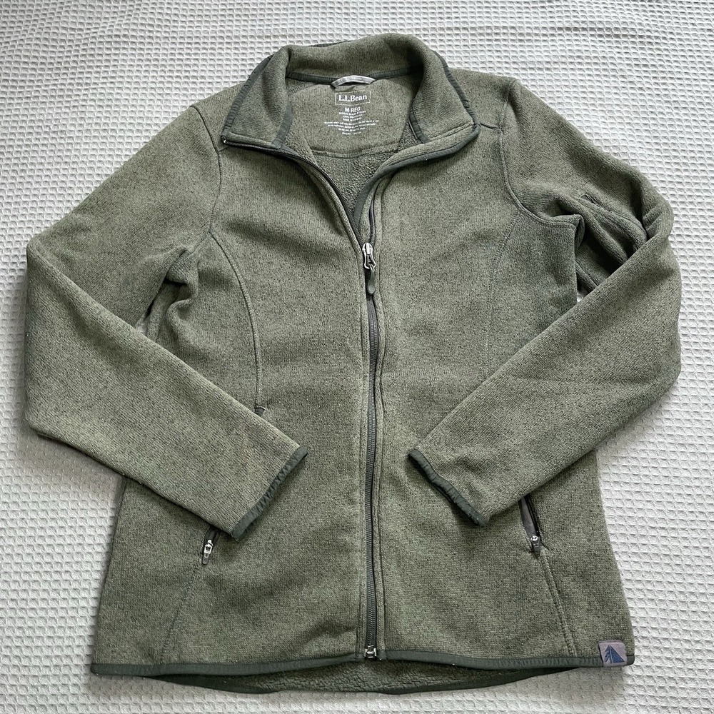 LL Bean Sweater Fleece Full Zip Jacket Medium Womens Olive Green